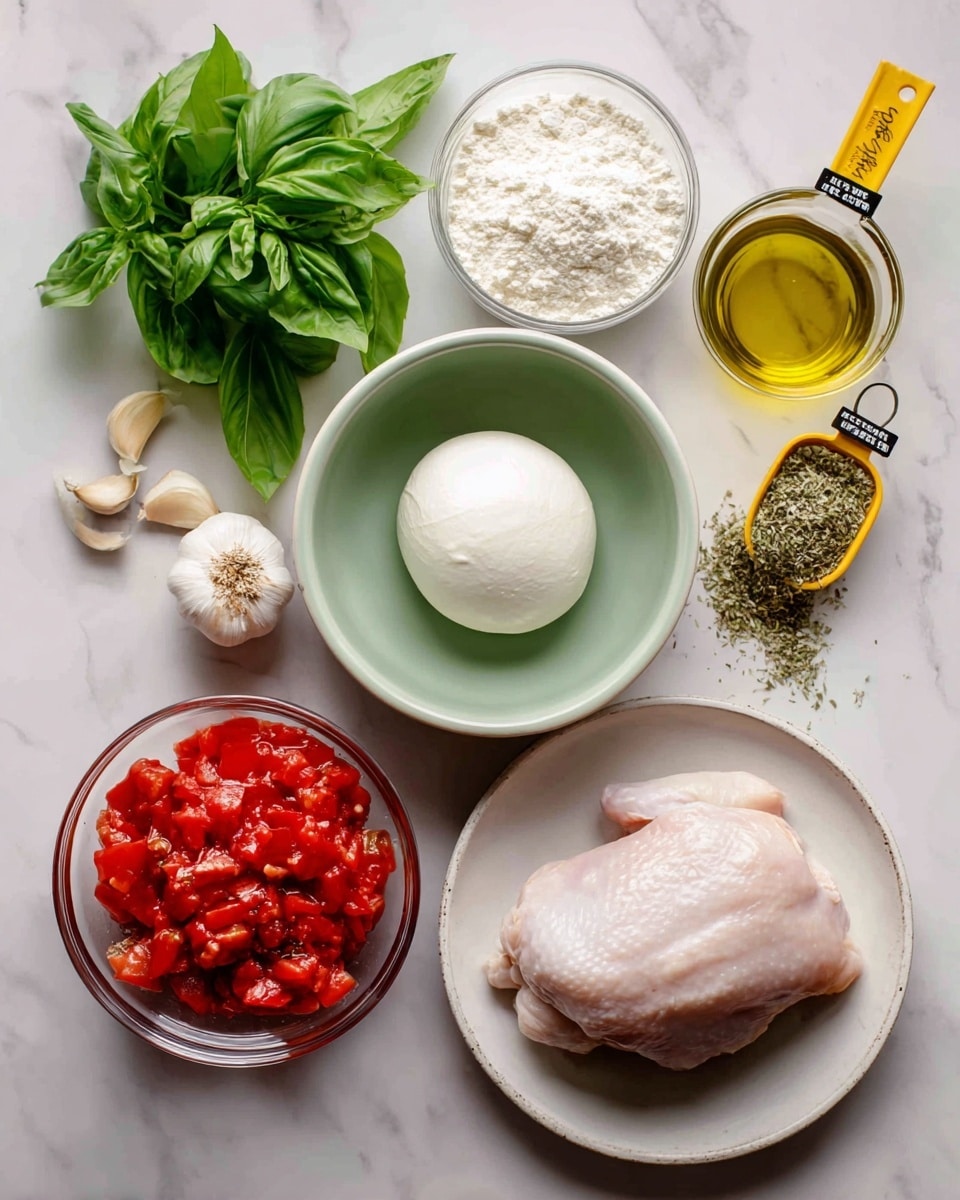 A top view of various cooking ingredients arranged neatly on a white marbled surface. In the center is a round light green bowl with a smooth white ball of mozzarella cheese. To its left is a glass bowl filled with bright red tinned chopped tomatoes. Above the bowl of mozzarella are fresh green basil leaves attached to small stems. Next to the basil is a peeled clove of garlic. To the right, a yellow measuring spoon holds dried Italian herbs, beside a small clear glass container with olive oil. Above, a white bowl contains white flour with a slightly powdery texture. On the right side, a raw chicken piece lies on a round white plate. Each ingredient item is labeled with a small white tag with black text. photo taken with an iphone --ar 4:5 --v 7