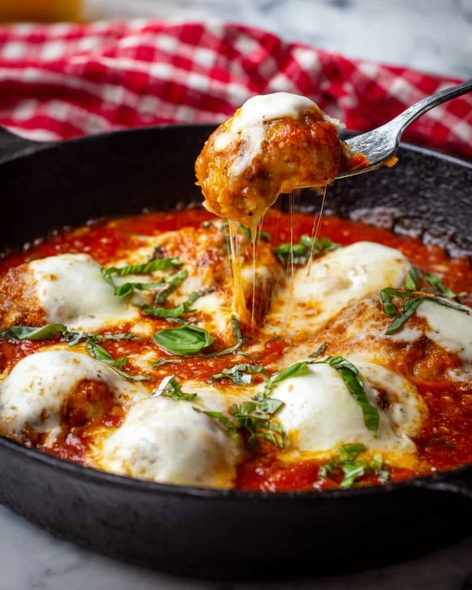 A cast iron pan filled with a dish made of a thick red tomato sauce base as the first layer, topped with melted white cheese blobs evenly spread, partially covering pieces of chicken underneath. The texture looks rich and slightly chunky from the sauce, with fresh green basil leaves scattered on top for a pop of color. A silver fork lifts a cheesy piece, showing melted cheese strands stretching upwards. The background features a red and white checked cloth and a white marbled surface underneath the pan photo taken with an iphone --ar 4:5 --v 7