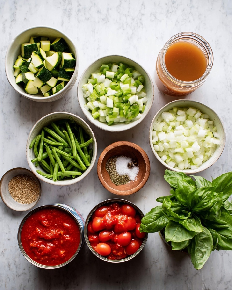The image shows various fresh ingredients arranged neatly on a white marbled surface. There are nine bowls and containers holding different items: one bowl has chopped green zucchini pieces; a large white bowl contains diced white onions; another bowl holds sliced green celery; a white bowl contains fresh cut green beans; a small wooden bowl has minced garlic; another small bowl holds mixed dry spices including salt and herbs. Two open cans are shown, one with whole peeled tomatoes in bright red sauce, and another with a smooth red tomato sauce. There is a jar filled with a light brown liquid, likely broth, and a clear glass jar filled with water placed among fresh green basil leaves. The setup is well-lit with natural light, giving a fresh and organized look. Photo taken with an iphone --ar 4:5 --v 7