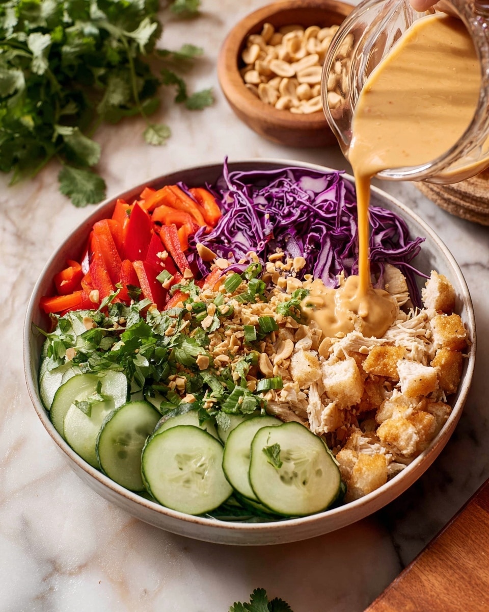 A large white bowl sits on a white marbled surface, filled with several colorful layers. The bottom layer is a ring of thin cucumber slices around the edge. Inside that are bright purple cabbage leaves on one side and chopped red bell peppers next to them. There is a pile of shredded light chicken on the right side and cooked crispy golden brown pieces with a crunchy texture in the center bottom. Green chopped scallions and fresh green cilantro are scattered over the middle area. A creamy beige sauce is being poured over the purple cabbage from a glass pitcher held by a woman's hand. A wooden bowl of crushed peanuts and a bunch of fresh cilantro are in the background, with a wooden chopping board below them. photo taken with an iphone --ar 4:5 --v 7