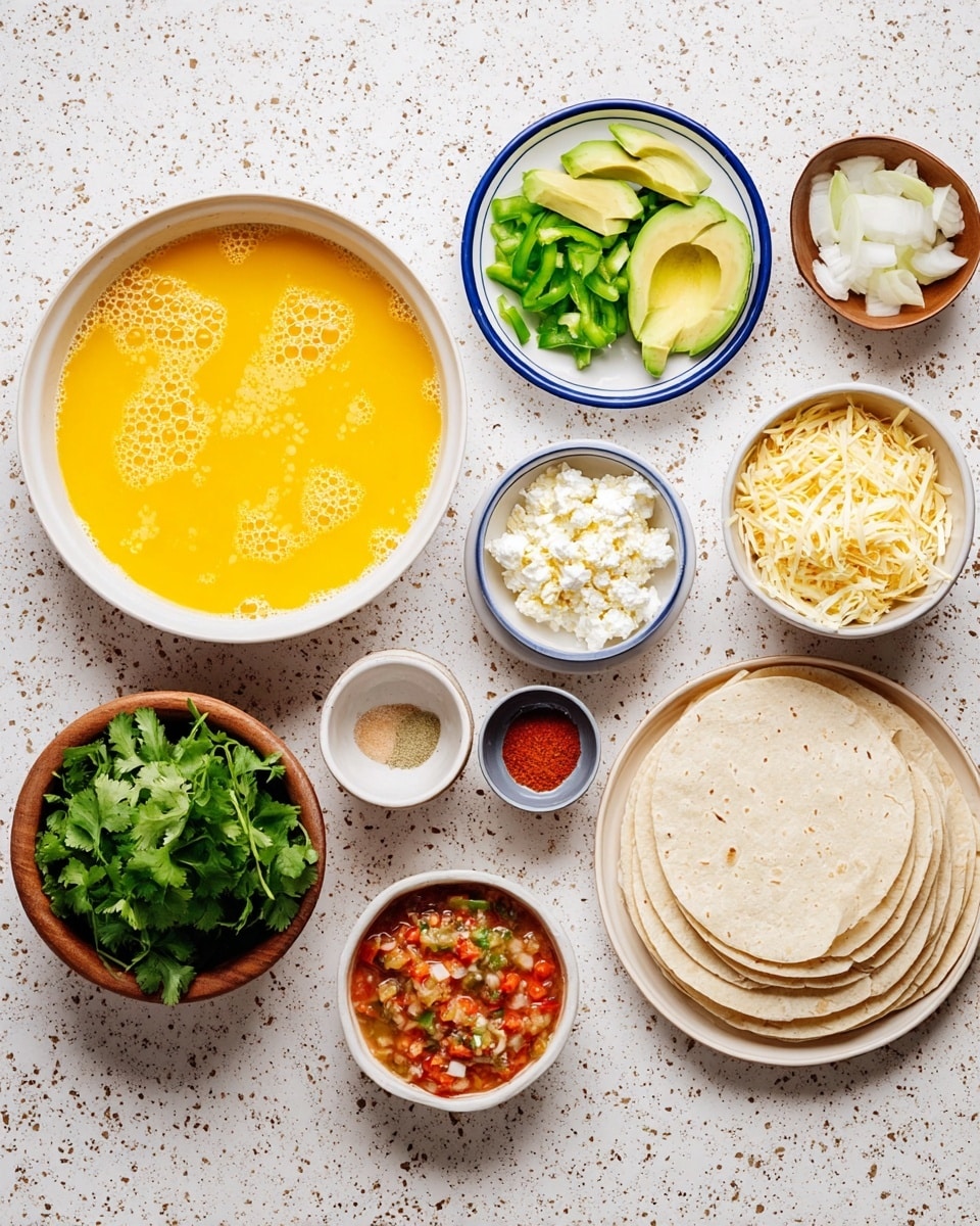 A large white bowl in the center holds bright yellow beaten eggs with small bubbles on the surface. To its right, a white plate has off-white tortilla strips stacked in a messy pile. Nearby, a small white bowl holds chopped green bell peppers with a fresh look, while a small white bowl contains shredded pale yellow cheese. Above these, a small blue-rimmed plate has neatly arranged green avocado slices. Two tiny dark bowls hold red chili powder and coarse salt, placed near the avocado. To the left of the eggs, a small blue-rimmed bowl holds crumbly white cheese, with fresh green cilantro bunches beside it. Below that, a small white bowl with red and green salsa sits next to a wooden bowl filled with chopped white onions, and a tiny brown bowl with minced garlic is also nearby, all set on a white marbled surface. Photo taken with an iphone --ar 4:5 --v 7