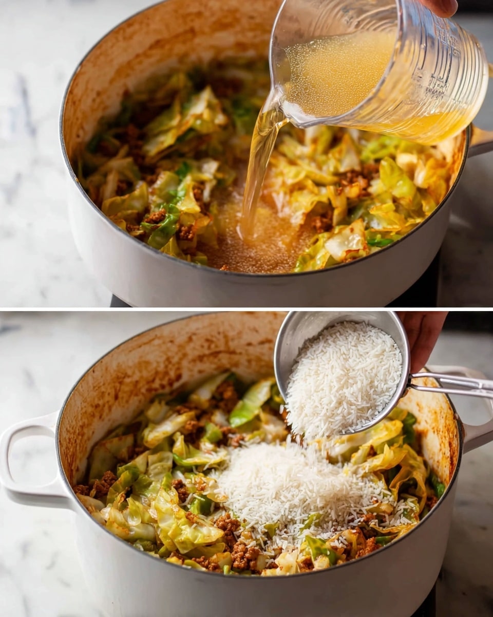 The dish shows a white round pot on a white marbled surface, filled with cooked uneven chunks of green and light yellow cabbage mixed with browned ground meat. In the first part, a clear glass measuring cup pours light golden broth into the pot, adding a shiny wet layer above the cabbage and meat, with some steam rising. In the second part, a woman's hand holds a metal measuring cup tipped, pouring white uncooked rice falling in a small stream onto the mixed ingredients below, creating a fresh contrast. The pot’s inside has a reddish residue from spices on the sides, and the whole scene captures the cooking process with warm colors and textured layers. photo taken with an iphone --ar 4:5 --v 7