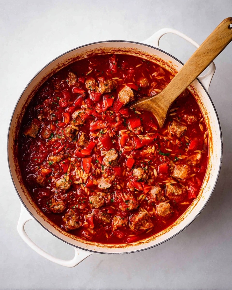 A white round pot filled with a rich red tomato sauce mixed with small chunks of cooked sausage and pieces of red bell pepper. Small bits of orzo pasta are scattered throughout the sauce, adding texture. The sauce looks thick and vibrant with herbs sprinkled in, and a wooden spoon is resting inside the pot, partially submerged in the sauce. The pot is placed on a white marbled surface. photo taken with an iphone --ar 4:5 --v 7