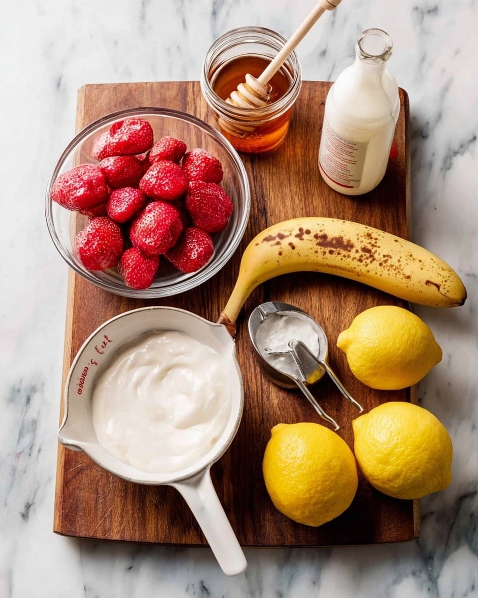 The image shows a wooden board placed on a white marbled surface. On the board, there is a glass bowl filled with bright red frozen strawberries, a jar of honey with a wooden dipper, a bottle of cream, and a whole banana with some brown spots. In front of the board, there is a bowl of smooth white yogurt with a white measuring cup inside it, two whole yellow lemons – one resting on a metal lemon squeezer, and the other placed nearby. The overall colors are natural and fresh, with reds, yellows, creams, and whites making the image look clean and simple. Photo taken with an iphone --ar 4:5 --v 7