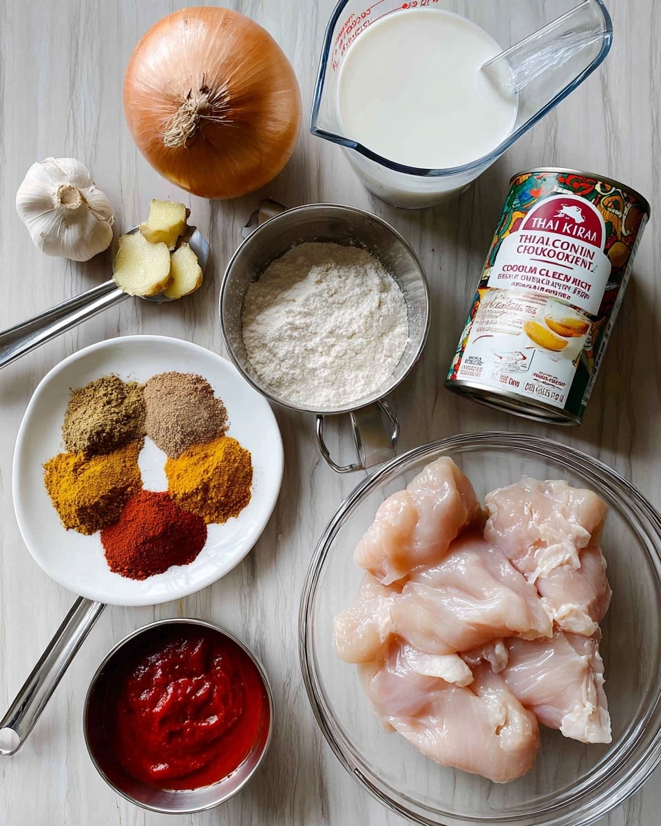 The image shows ingredients arranged neatly on a white marbled surface. At the bottom right is a clear glass bowl with several pale pink raw chicken fillets inside. Above it, a clear glass measuring cup holds white coconut milk. To the right is a can of Thai Kitchen organic unsweetened coconut milk with a colorful label. Near the top left, a large brown onion sits surrounded by several garlic cloves next to a small clear bowl with two small chunks of ginger. A metal measuring cup filled with a thick white substance is also visible. In the center left, a white plate holds five piles of different powdered spices in tones of red, yellow, and brown. Below the plate is a metal cup filled with a coarse white powder and a small clear bowl with bright red tomato paste. Photo taken with an iphone --ar 4:5 --v 7