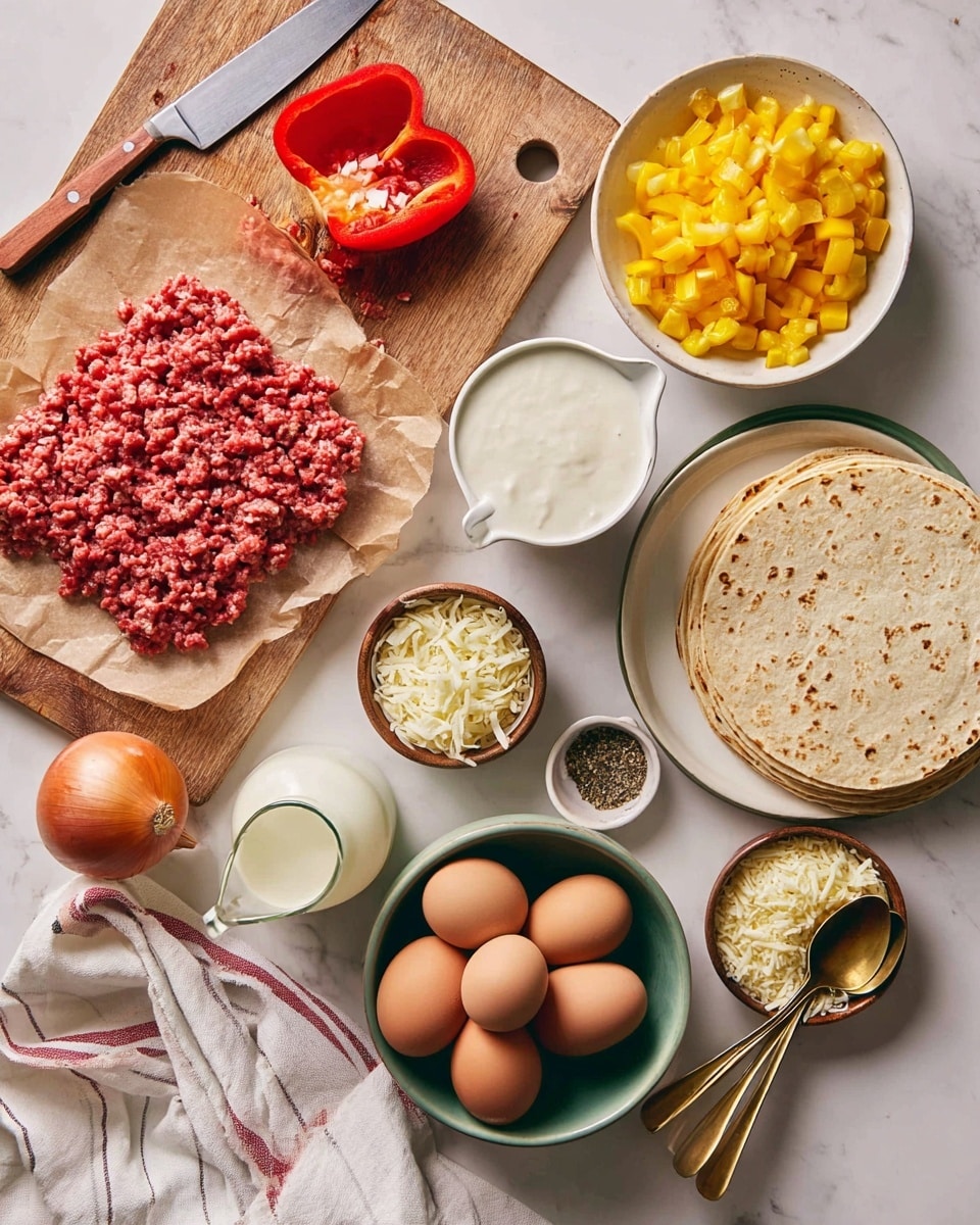 The image shows a white marbled surface with several ingredients arranged neatly. At the top left, there is raw ground meat on brown paper on a wooden cutting board. Next to it is a red bell pepper cut in half with small red pieces chopped beside it and a knife resting on the board. To the top right is a white bowl filled with diced yellow peppers. Below that on the right side is a stack of light brown tortillas on a white plate with a green rim. Near the bottom center, there is a green bowl filled with seven brown eggs. To the bottom right is a small brown bowl of shredded white cheese. Near the bottom left are two onions, a small bowl with a mix of salt, pepper, and spices, two gold spoons, and a glass pitcher of cream. A white and beige striped cloth is partly visible under some of the bowls. Photo taken with an iphone --ar 4:5 --v 7