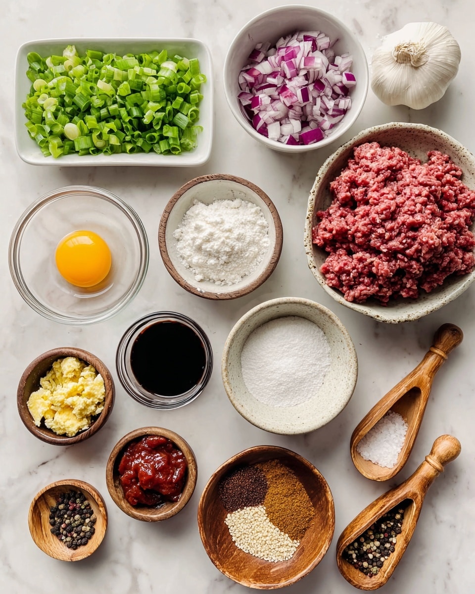 The image shows various ingredients arranged neatly on a white marbled surface. There is a small rectangular white dish at the top left filled with bright green chopped green onions. To the right, a round white bowl holds chopped red onions with a mix of purple and white pieces. In front of these, small round white bowls contain white cornstarch, an egg with a smooth brown shell, finely minced fresh ginger in yellow color, spicy dark red Gochujang Korean chili paste, and light brown brown sugar. A glass bowl with light pink ground beef is set on the right. Near the center, a small glass holds dark soy sauce. Two small wooden bowls at the bottom contain coarse white kosher salt and multicolored black peppercorns, each with small wooden scoops. Another small white bowl holds white sesame seeds, and a small piece of garlic bulb with white papery skin is near the middle. All the containers are placed on the surface in a clean, organized way. photo taken with an iphone --ar 4:5 --v 7