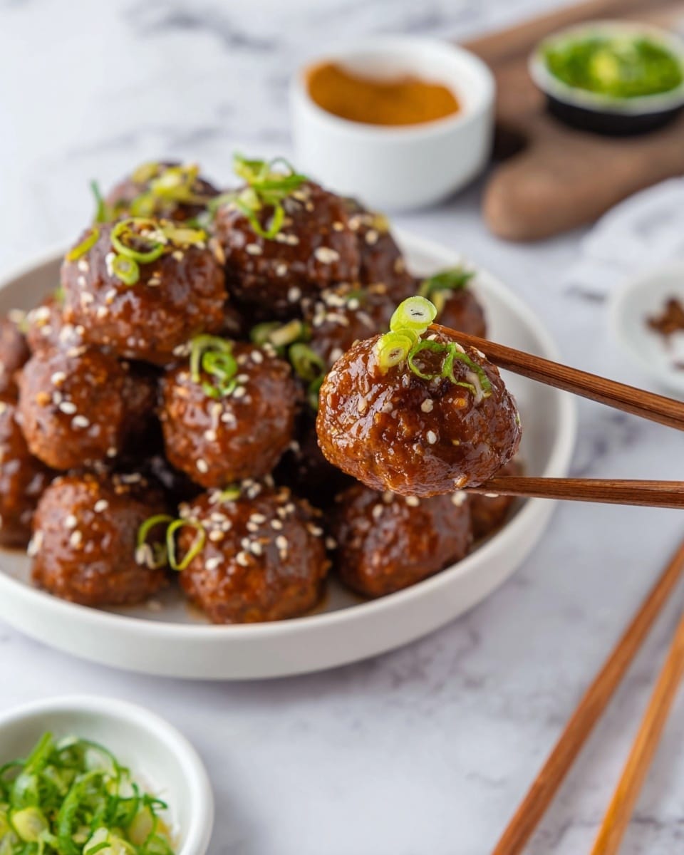 A close-up shot shows a white bowl full of shiny brown meatballs covered in a sticky sauce, each sprinkled with small white sesame seeds and small green onion pieces. In the foreground, a pair of chopsticks holds one meatball with sauce glistening and green onion on top. The background shows small white bowls with spices and a white dish with chopped green onions, all placed on a white marbled surface. Photo taken with an iphone --ar 4:5 --v 7