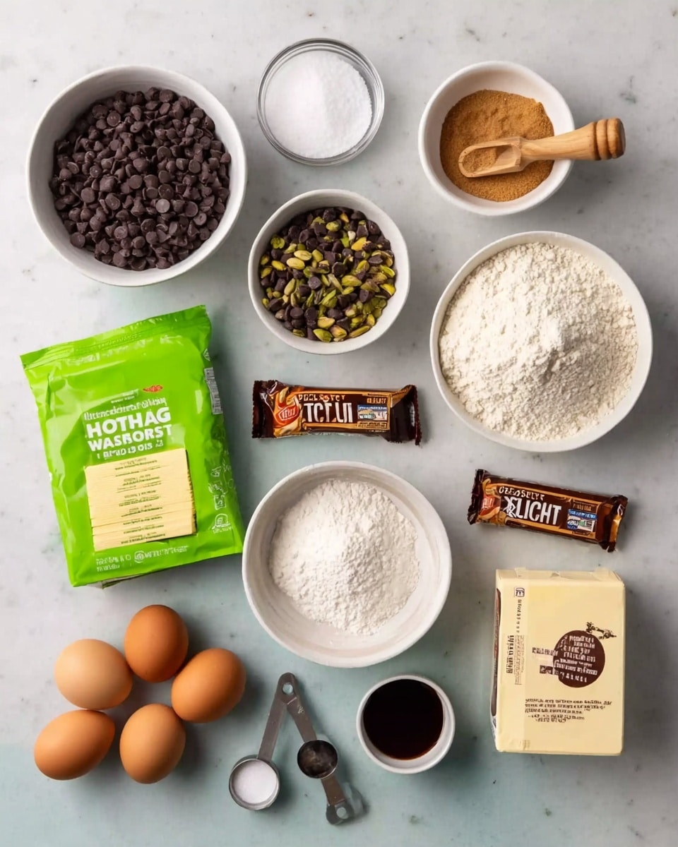 A neatly arranged collection of baking ingredients on a white marbled surface includes a white bowl with brown sugar on the upper right and another white bowl containing white flour with a small wooden scoop resting inside. A white bowl filled with dark chocolate chips sits on the upper left, with a clear small glass bowl of salt next to it. Below the flour bowl are two sticks of butter wrapped in yellow paper placed side by side. There are three fresh brown eggs placed near the bottom left below a white bowl containing granulated sugar. A small white bowl with white powder (baking powder or baking soda) is above the eggs. Two brown and orange Heath candy bars lie below the butter, with one package on top of the other. A pouch of green Wonderful pistachios stands upright in the center. Nearby is a cream-colored box of JELL-O pudding and two wooden-handled measuring spoons with a dark liquid in one. The entire setup is clean and simple, with ingredients clearly visible and distinct photo taken with an iphone --ar 4:5 --v 7