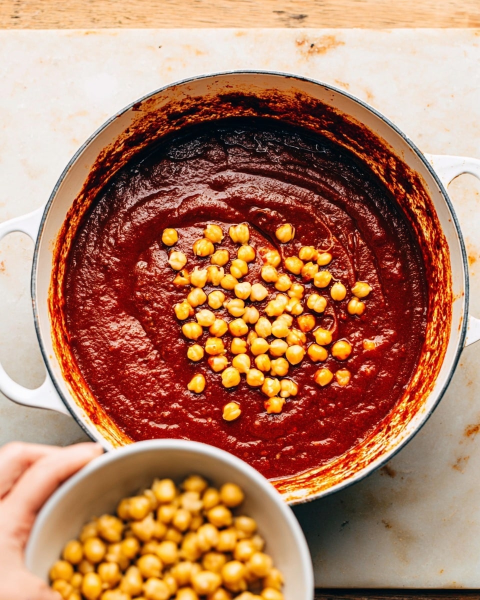 A white pot filled with thick, dark red sauce that has a smooth but slightly chunky texture, with a handful of pale yellow chickpeas being added from a white bowl held by a woman's hand at the bottom of the frame. The pot is set on a white marbled surface with some sauce stains on the inner sides of the pot, showing layers of sauce and chickpeas on top. Photo taken with an iphone --ar 4:5 --v 7