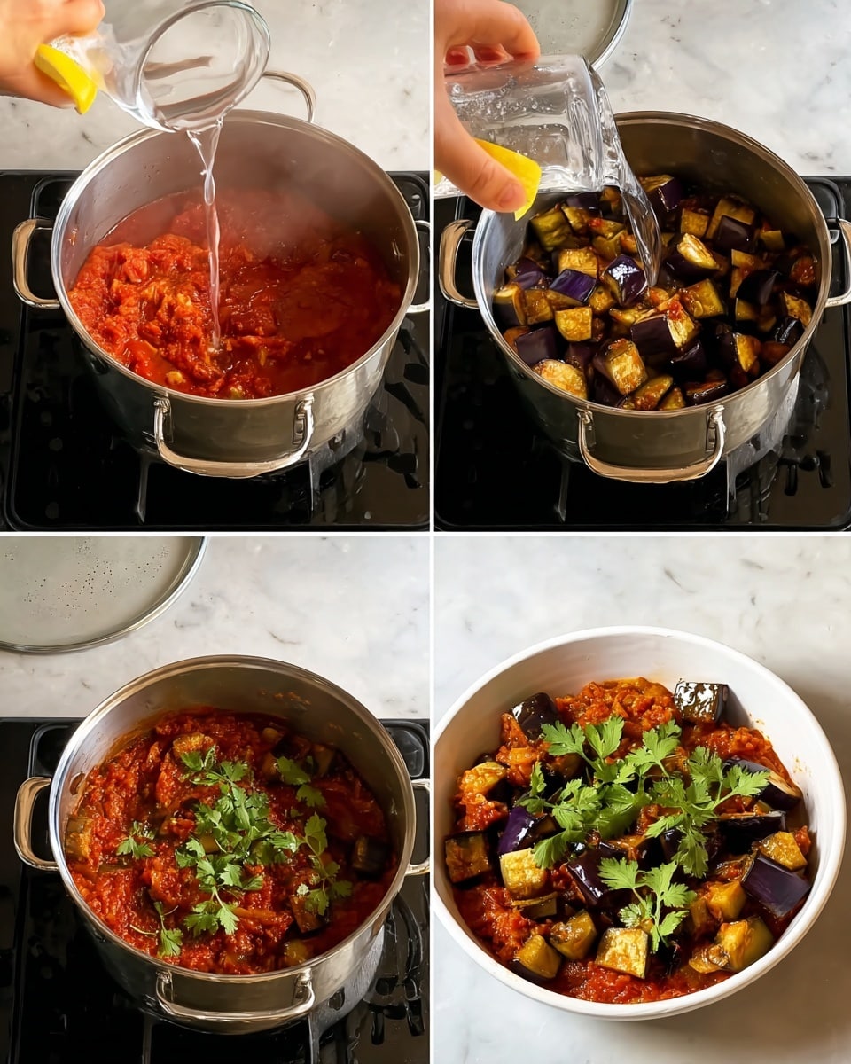 The image shows a sequence of cooking steps in a silver pot on a stove with a white marbled surface. The first layer inside the pot is a chunky red tomato sauce with a soft texture. A white bowl holds roasted purple eggplant cubes, which are added as the second layer on top of the sauce. Next, clear water is poured over the eggplant and tomato sauce. The pot is covered with a glass lid, showing steam inside. The lid is removed, and a woman's hand squeezes a wedge of lemon over the simmering mix. Fresh green cilantro leaves are sprinkled on top as the final layer in the pot. The last photo shows the cooked dish served in a white bowl with handles, the eggplant pieces are richly coated in reddish sauce and garnished with green cilantro leaves, resting on a white marbled surface. photo taken with an iphone --ar 4:5 --v 7