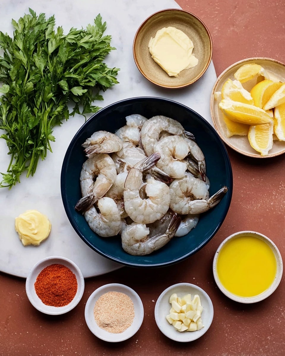 A dark blue bowl in the center holds a pile of raw shrimp with greyish-white shells and tails showing. Around the bowl, small white dishes contain light yellow melted butter, pale beige garlic powder, red chili powder, more red spice, chopped white garlic, and a small bowl of yellow lemon wedges. To the left of the bowl, there is a bunch of fresh green parsley on a white marbled surface. The colors are natural and the setup looks clean and fresh, ready for cooking. Photo taken with an iphone --ar 4:5 --v 7