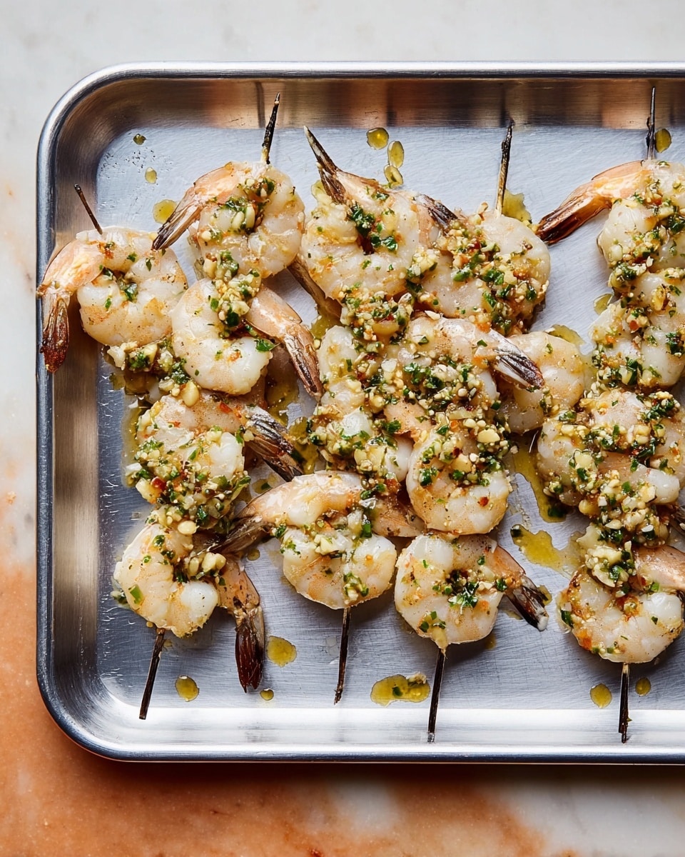 The image shows a metal tray placed on a white marbled surface holding several skewers of raw shrimp. Each skewer has about 4 to 5 shrimp, arranged in a slightly curved shape, coated with a marinade that looks like oil, garlic bits, and green herbs. The shrimp are pale with a translucent white-pink color and dark tails still attached. The marinade glistens on the shrimp, adding a shiny, slightly oily texture, while some drops have fallen onto the metal tray around the skewers. The tray fills the frame almost edge to edge. Photo taken with an iphone --ar 4:5 --v 7