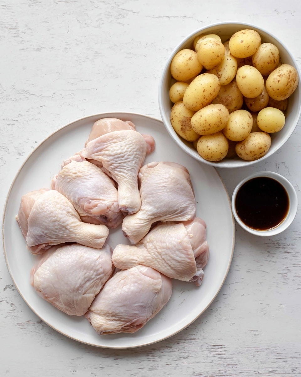 A white plate holding six raw chicken pieces, showing pale pink skin with a soft texture, sits on a white marbled surface. To the right, a white bowl is filled with small, half yellow potatoes with smooth skins and light brown spots. Below the bowl, a small white bowl contains a dark brown sauce with a glossy surface. The setup is simple and clean, emphasizing the freshness of the ingredients. photo taken with an iphone --ar 4:5 --v 7