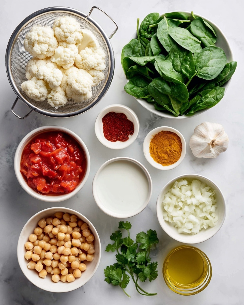 The image shows an overhead view of ingredients for a dish arranged neatly on a white marbled surface. At the top left, a metal colander holds white cauliflower florets with a slightly rough texture. Below and slightly to the left, a white bowl is filled with fresh, bright green spinach leaves with a smooth texture. To the right of the cauliflower, three small white bowls hold white salt, deep red smoked paprika, and golden curry powder. Next to them is a white bowl with smooth, white coconut milk. Below the spices, a white bowl contains diced red tomatoes in a thick liquid. To the right of the spinach, a small white bowl is filled with finely chopped white onion. Below that, there is a white bowl with pale yellow chickpeas that have a round, smooth surface. To the right, a small white bowl holds golden yellow olive oil. Fresh green cilantro with delicate leaves lies on the surface at the bottom right. Three cloves of whole garlic rest near the spinach and chickpeas. The scene is clean, bright, and well-organized, showing fresh ingredients for cooking. Photo taken with an iphone --ar 4:5 --v 7
