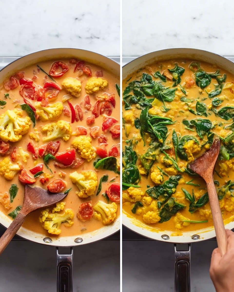 The image shows two side-by-side white pans on a white marbled surface, both filled with a creamy vegetable curry. On the left pan, there are visible three layers: the bottom creamy sauce in light orange, the middle layer of yellow cauliflower florets with uneven texture, and pieces of red tomatoes scattered on top. A wooden spatula is stirring the curry from the right side, held by a woman's hand. The right pan has three layers: the same light orange creamy sauce as a base, bright green spinach leaves floating in the sauce, and yellow cauliflower pieces mixed evenly throughout. The wooden spatula is again stirring the curry, held by a woman's hand. Both scenes are well-lit and colorful, photo taken with an iphone --ar 4:5 --v 7