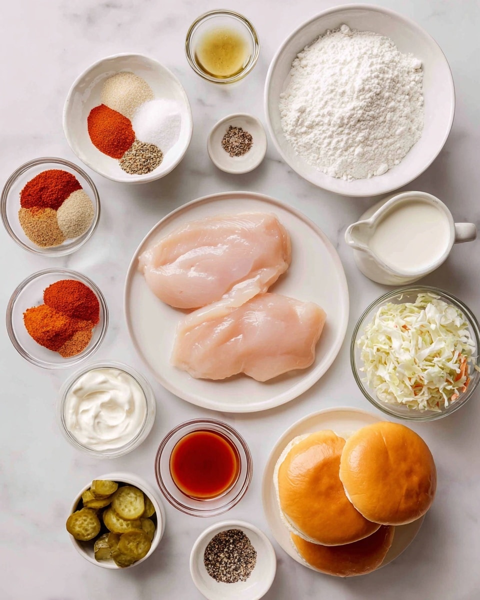 The image shows an assortment of ingredients for a chicken sandwich arranged neatly on a white marbled surface, all in white dishes or clear glass bowls. In the top right, there's a large white bowl filled with white flour next to a glass cup of white buttermilk and a small glass cup of reddish-brown hot sauce. Below them, on a white plate, are three pale raw chicken cutlets layered lightly overlapping. Near the top left, on a white plate, are small piles of spices in brown, red, and orange shades labeled cayenne, paprika, chili powder, garlic powder, and brown sugar. A small jar of green pickle slices sits nearby. Below the spices, a small glass bowl contains white mayo, and a pale yellow bowl holds creamy white and purple coleslaw. Next to these is a stack of three golden brioche buns. Small glass bowls near the center have black pepper and white salt. The whole setup is clean and organized, perfect for showing all components visually. Photo taken with an iphone --ar 4:5 --v 7