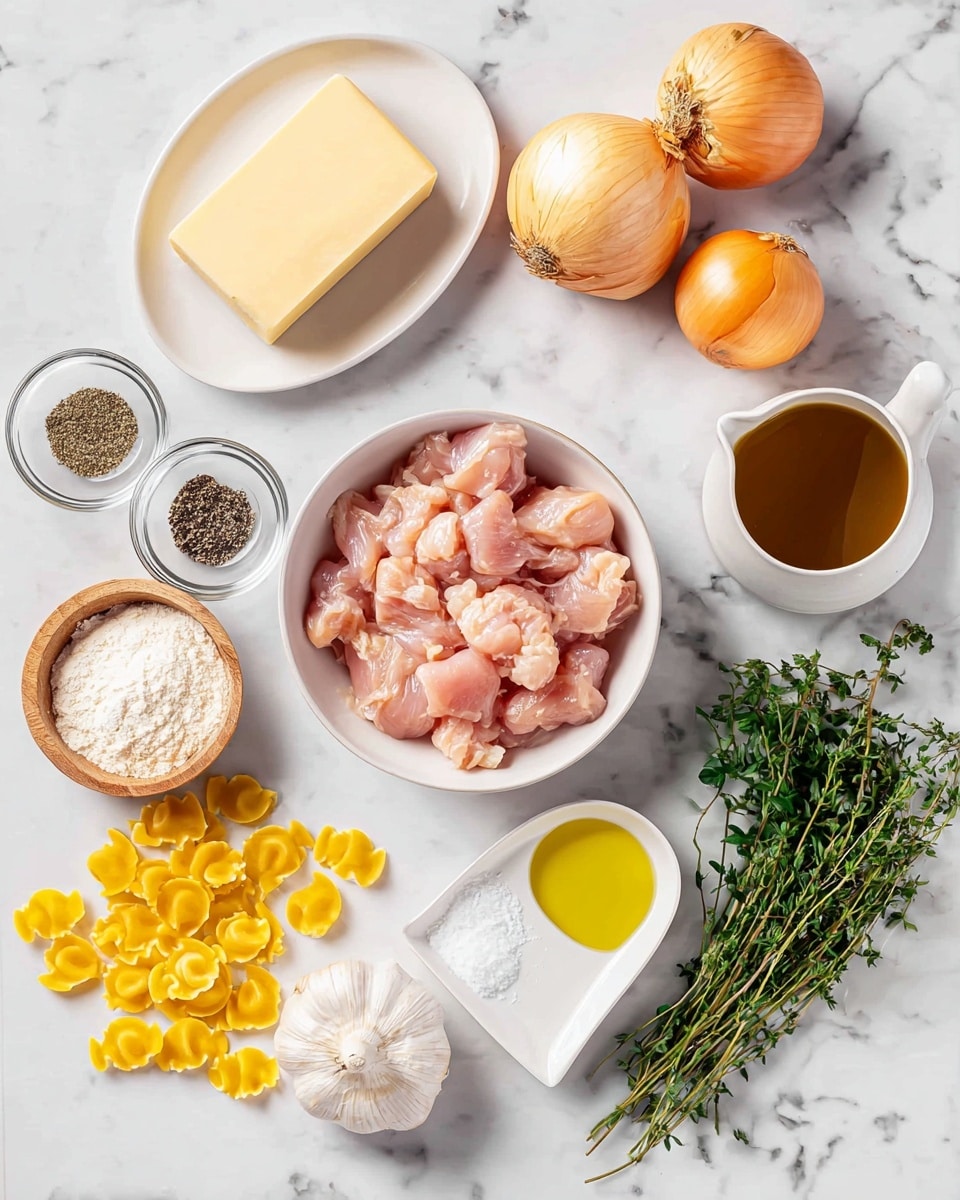 The image shows several cooking ingredients arranged on a white marbled surface. At the center is a white bowl filled with pink raw chicken pieces. Above it, there are two whole yellow onions, a white oval plate with a pale yellow block of cheese, and a white measuring cup with brown liquid inside. To the right of the bowl, there is a small white dish divided into two curved sections, one filled with yellow olive oil and the other empty, plus a cluster of fresh green thyme sprigs. Below the bowl, there is a bundle of fresh flat-leaf parsley, a small wooden bowl filled with white flour, and a whole head of garlic. To the left of the bowl, there are three small clear bowls with black pepper, salt, and dried herbs, plus three yellow nest-shaped pasta pieces in the bottom left corner. The setup is clean and bright with natural light. photo taken with an iphone --ar 4:5 --v 7