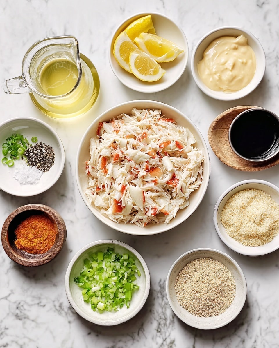 A white bowl at the center filled with shredded crab meat featuring bits of red shell, surrounded by small white bowls holding different ingredients: green chopped celery, lemon wedges, beaten egg, white mayo, light brown mustard, breadcrumbs with some dark specks, light green chopped scallions, a mix of black pepper in a small wooden bowl, white salt in a small black bowl, an orange spice blend, and a small cup of dark sauce. On the upper left side, there is a clear glass jug filled with light oil. All the bowls and jug are placed on a white marbled surface photo taken with an iphone --ar 4:5 --v 7