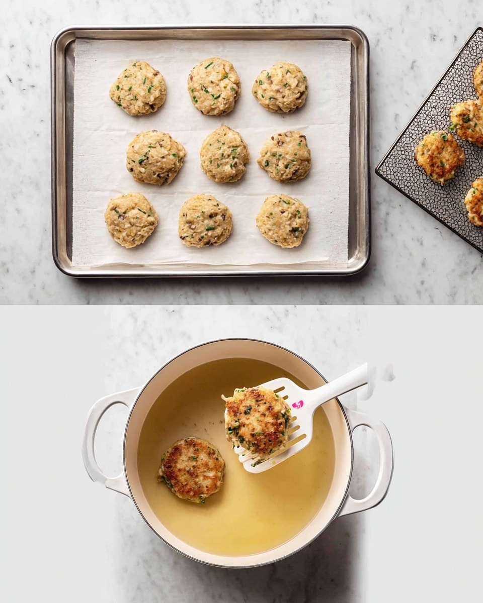 The first image shows a silver baking tray lined with white parchment paper placed on a white marbled surface. On the tray, there are eight uncooked, round, beige dough patties with visible green herbs and small brown bits evenly spread throughout. The second image shows a white pot with two handles on each side sitting on the same white marbled surface. Inside the pot, four golden-brown patties are being fried in light-colored oil, one of which is being lifted by a white slotted spatula held by a woman's hand with a pink painted nail. In the background, there is a silver cooling rack with a few more cooked patties resting on it. The whole scene is bright and clean. photo taken with an iphone --ar 4:5 --v 7