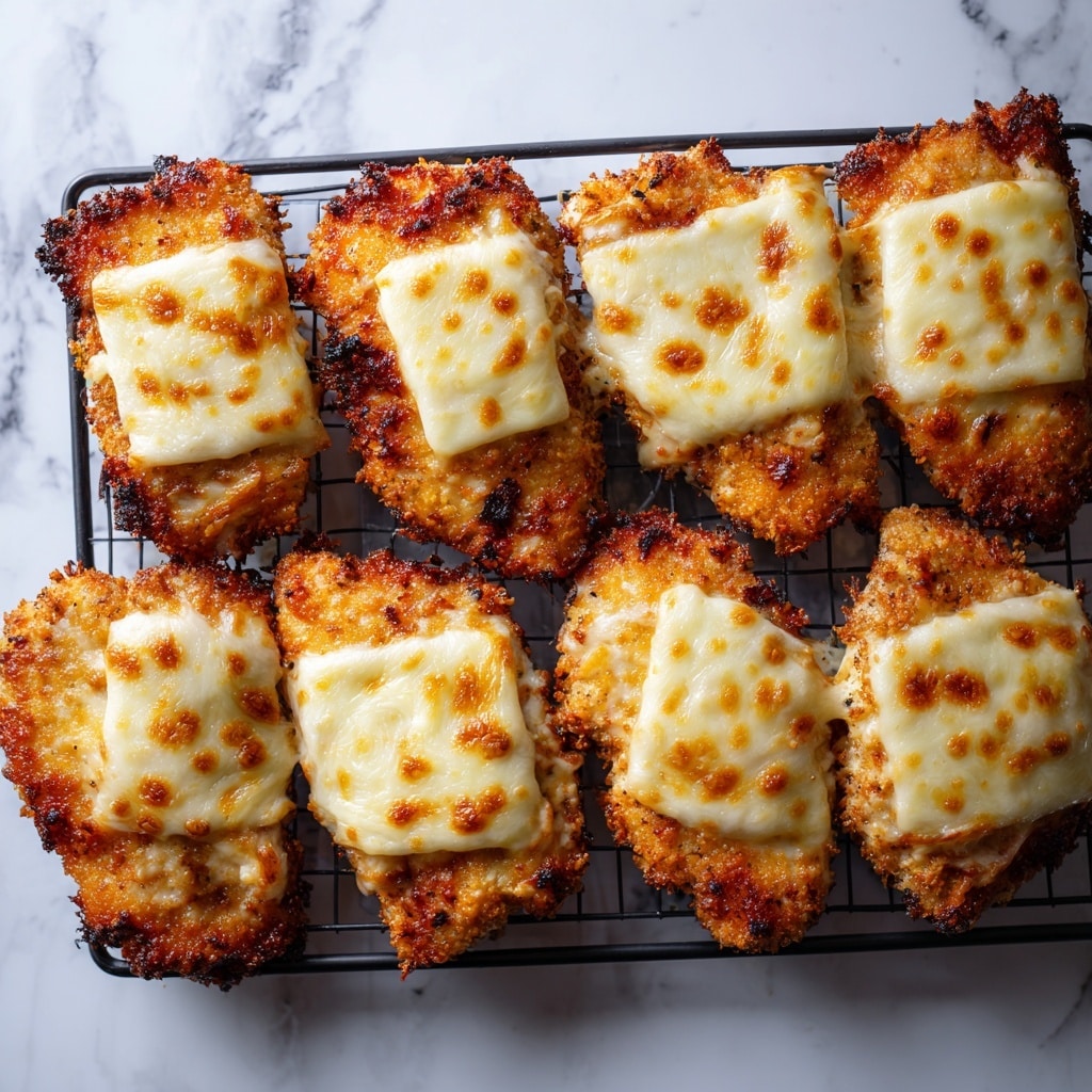 This image shows eight breaded and cooked chicken pieces arranged in two rows on a black wire rack. Each chicken piece has a square slice of melted white cheese on top, slightly bubbling and covering most of the breaded surface. The breading is a mix of golden brown and darker browned areas giving a crunchy texture look. The background surface below the rack is a white marbled texture. The photo taken with an iphone --ar 4:5 --v 7