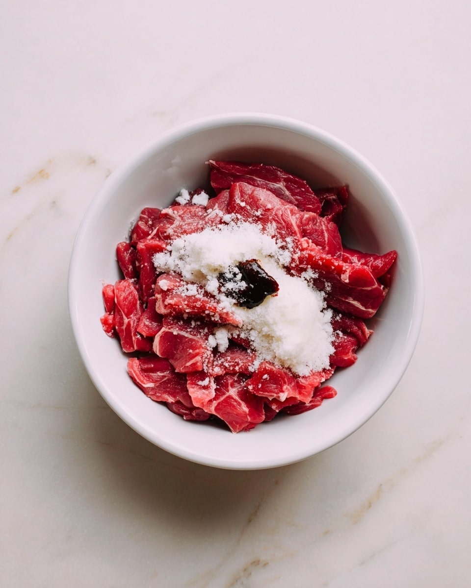 In a white small bowl, there is a layer of thin, red raw meat strips that fill most of the bowl. On top of the meat, there is a small pile of white powder and a dark sauce dollop in the center. The bowl is placed on a surface with a white marbled texture. photo taken with an iphone --ar 4:5 --v 7