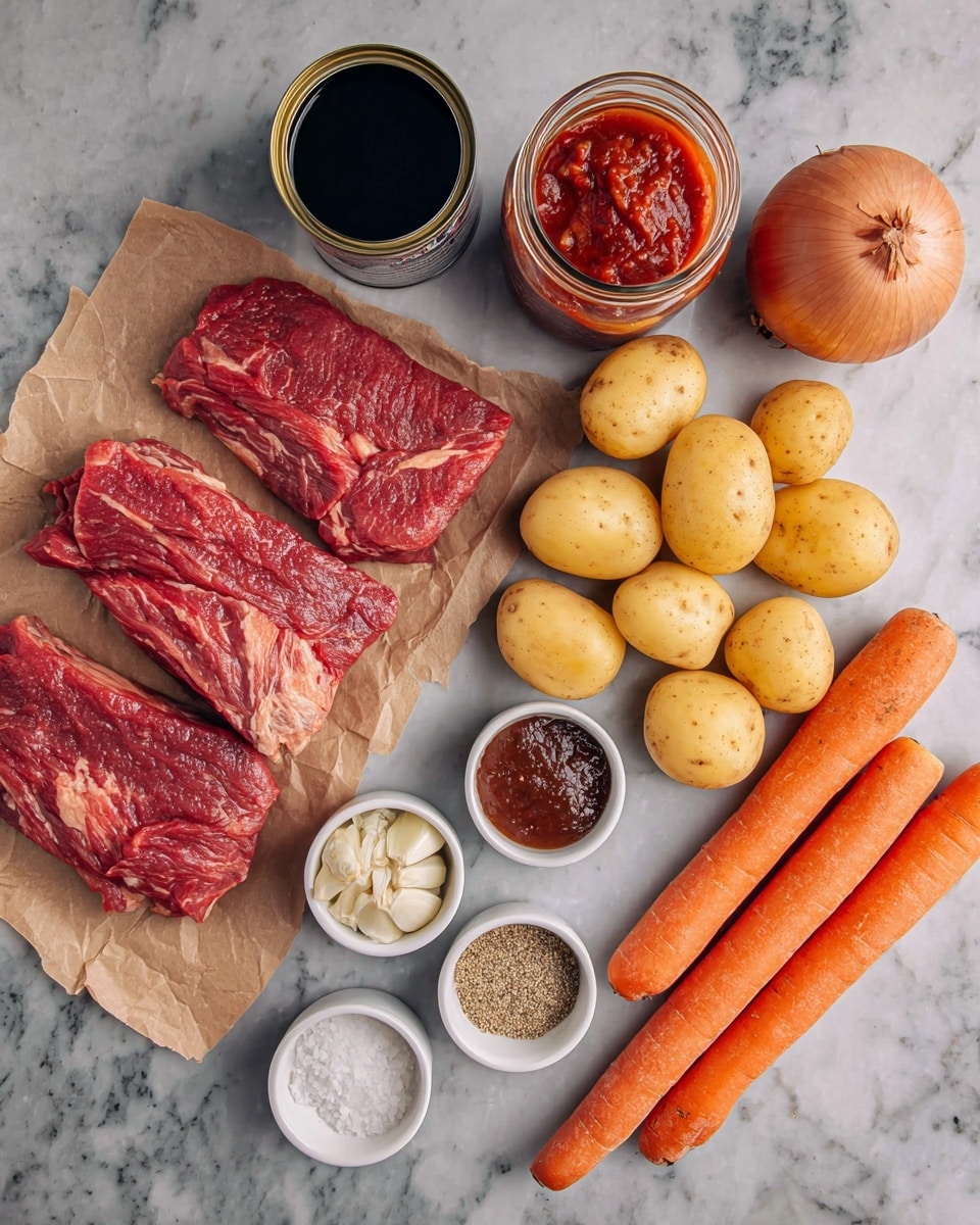 The image shows ingredients neatly placed on a white marbled surface, featuring four raw red beef slices with visible marbling on a piece of brown paper on the left side. Above the beef, there is a can of dark sauce and an open jar of chunky red tomato sauce. To the right, there is a whole brown onion and a pile of small yellow potatoes. Below the onion and potatoes, three long bright orange carrots lie side by side. Around the carrots, five small white ramekins are arranged, holding different ingredients: three with sauces or pastes in red and dark brown, one with minced garlic, one with salt, one with white powder, and one larger bowl filled with a mix of dry seasonings. photo taken with an iphone --ar 4:5 --v 7