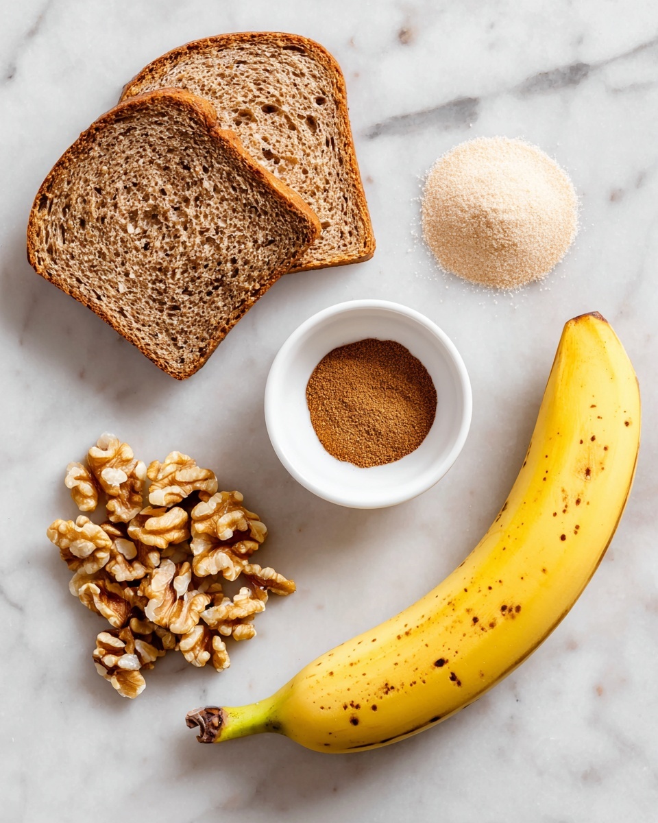 The image shows ingredients on a white marbled surface: two slices of brown bread with visible grain texture on the left, a bunch of small, light brown walnut pieces below the center, a white bowl containing a small pile of brown sugar and a small pile of cinnamon powder side by side at the top center, and a whole yellow banana with small brown spots on the right side. The ingredients are spaced apart with clear labels below each one. Photo taken with an iphone --ar 4:5 --v 7