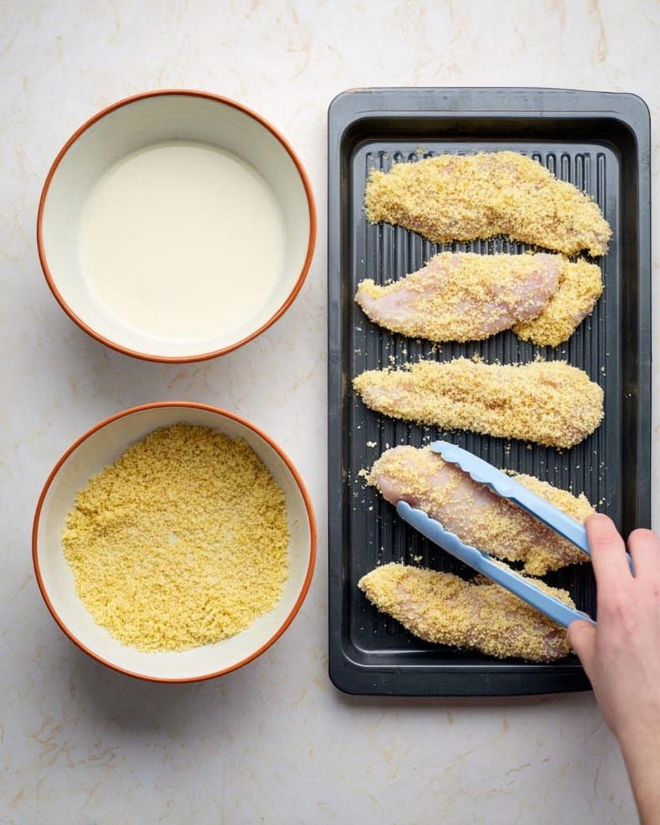 The image shows a close-up of a cooking setup on a white marbled surface. On the right side, there is a black baking tray with five pieces of raw chicken strips covered in a light yellow crumb coating, arranged neatly in two rows. On the left side, two white bowls with orange rims are placed above each other; the top bowl contains a creamy white liquid batter, while the bottom bowl holds crushed yellow crumbs. A woman's hand holding blue tongs is dipping a piece of raw chicken strip into the crumbs bowl. The scene is clean and orderly, focusing on the preparation stage of breading the chicken. Photo taken with an iphone --ar 4:5 --v 7
