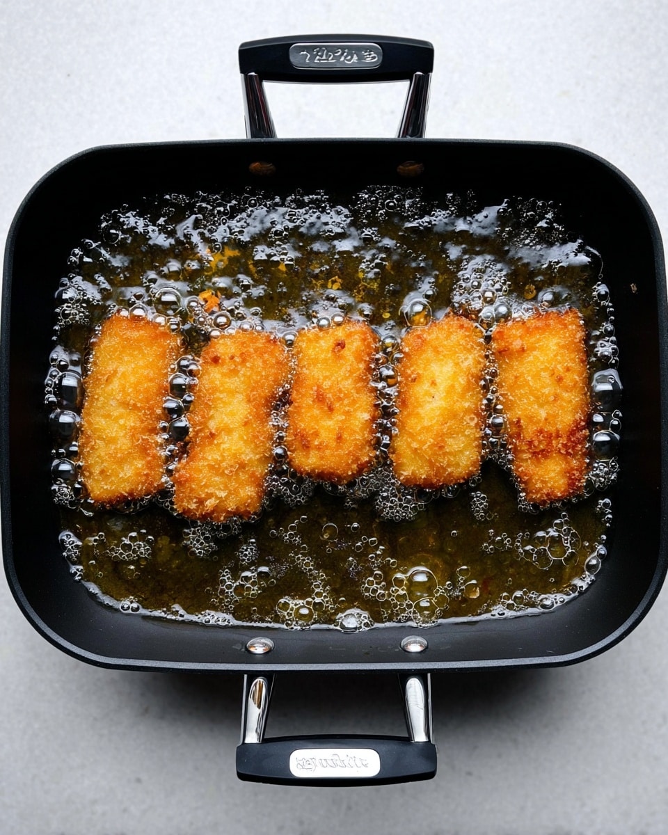 A top view of a black rectangular frying pan with four golden brown breaded pieces being fried in hot bubbling oil. The pieces are placed in a row in the middle of the pan, showing crispy texture with small crumbs. The pan is on a white marbled surface, and the oil is shiny with small bubbles forming around the edges of the pieces. The pan handles on each side are silver and black with visible brand name. photo taken with an iphone --ar 4:5 --v 7