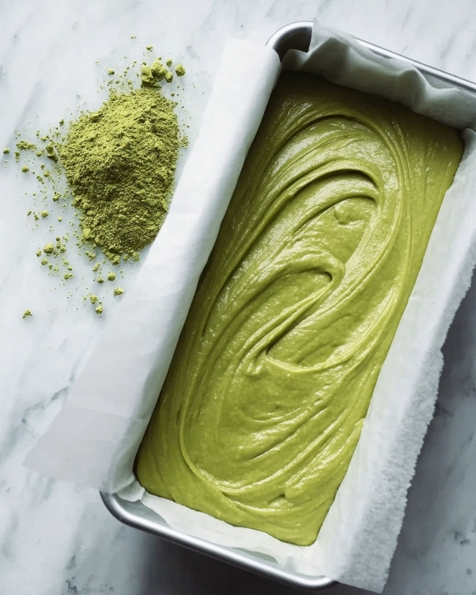 The image shows a rectangular white baking pan lined with white parchment paper, filled with smooth, thick green batter. The batter has a creamy texture with gentle swirls on the surface, and it nearly fills the pan evenly. Next to the pan on the white marbled surface, there is a small pile of green powder, slightly scattered but neat. Photo taken with an iphone --ar 4:5 --v 7