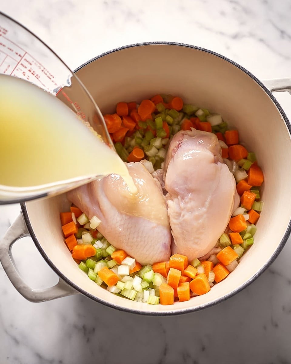A white pot sits on a white marbled surface with two raw pale pink chicken pieces placed on top of a bottom layer made of small orange carrot slices, light green celery pieces, and tiny chopped white onions. To the left, a transparent glass measuring cup is pouring a pale yellow liquid into the pot. The scene is bright with natural light. Photo taken with an iphone --ar 4:5 --v 7