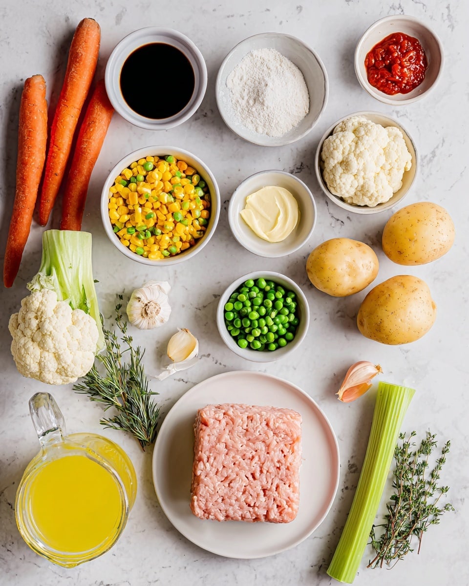 The image shows many separate ingredients arranged neatly on a white marbled surface. There are five small round white bowls holding different items: one with a dark liquid, one with a white powder, one with a mix of frozen yellow corn and green peas, one with a red paste, and one with a pale yellow spread. Near the bowls, there are two bright orange carrots, two green celery sticks, a large white cauliflower head, five small yellow potatoes, and sprigs of fresh green rosemary and thyme. Garlic cloves and half an onion with a golden brown skin lie next to the herbs. A clear glass jug with a yellow liquid sits in the lower left. Finally, a large white plate contains a block of pale pink ground meat. photo taken with an iphone --ar 4:5 --v 7