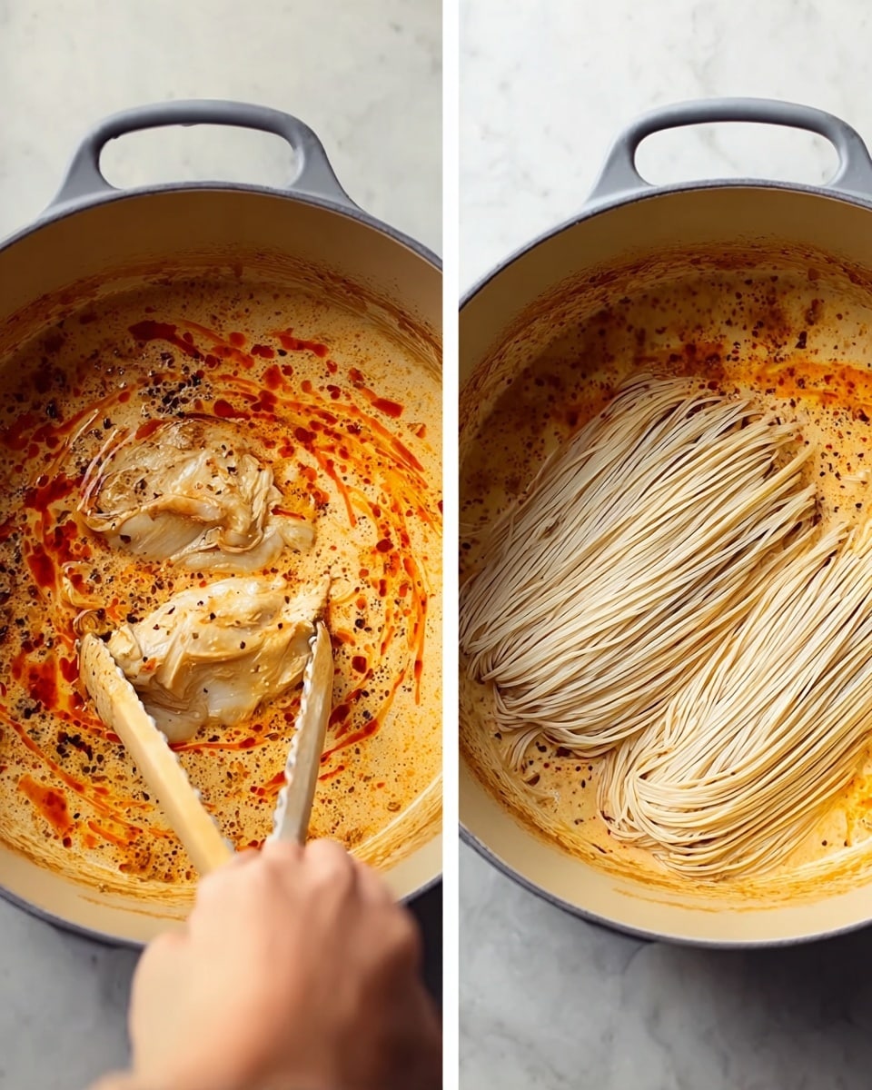 The first image shows a close-up of a woman's hand using tongs to lift two cooked, light brown pieces of chicken partially covered in a creamy, orange-speckled sauce inside a gray cooking pot. The sauce has swirls of red oil and spices. The second image shows the same pot with the same creamy, orange, spiced sauce but now containing two neat bundles of uncooked, pale beige noodles resting on top, with their fine strands fanning out slightly. The pot sits on a white marbled surface. photo taken with an iphone --ar 4:5 --v 7