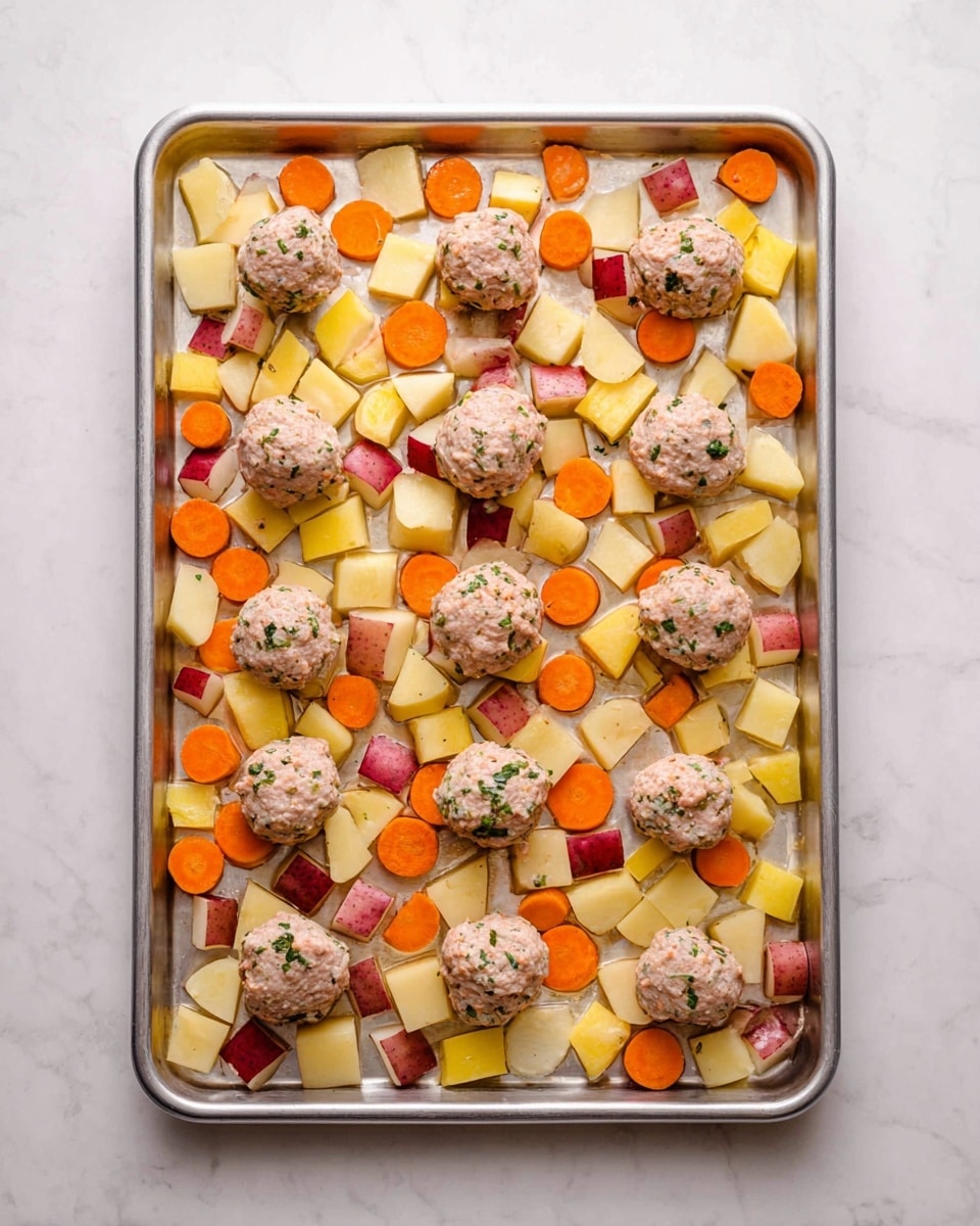 A metal baking tray filled with a mix of diced red-skinned potatoes, yellow potatoes, sliced orange carrots, and pale yellow parsnips spread out evenly as the first layer. On top, there are twelve evenly spaced raw meatballs, light pink with bits of green herbs mixed inside, arranged across the tray in a grid pattern. The baking tray is placed on a white marbled surface, showing a clean and bright kitchen setting. photo taken with an iphone --ar 4:5 --v 7