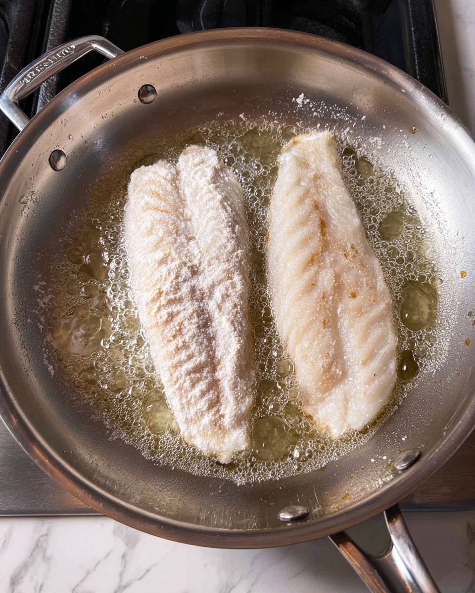 Two fillets of white fish are frying in a silver pan with bubbling oil. Each fillet is lightly coated with flour, showing a powdery white texture on their slightly curved surfaces. The fillet on the left is larger with soft ridges running lengthwise, while the one on the right is smaller and thinner, showing a slight translucent look where it touches the oil. The pan has a shiny metal surface with some faint marks and rivets near the handle. The background shows part of a black stove and a white marbled surface edge. Photo taken with an iphone --ar 4:5 --v 7