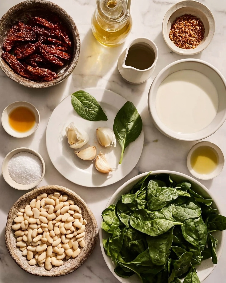 A white marbled surface holds several white dishes and bowls filled with different ingredients: a large white bowl with fresh green spinach leaves at the bottom right, a smaller white plate with fresh garlic cloves and a couple of basil leaves above it, a white bowl with thick white liquid to the upper right, a dark bowl full of sun-dried tomatoes near the top center, a small white pitcher with a light brown liquid next to it, a rough brown plate filled with white beans on the left, two shallots placed near the bottom left corner, a small round bowl with white salt below the beans, and a couple of small white bowls with light yellow and brown liquids near the top left. The arrangement is neat and the lighting is soft and natural, photo taken with an iphone --ar 4:5 --v 7