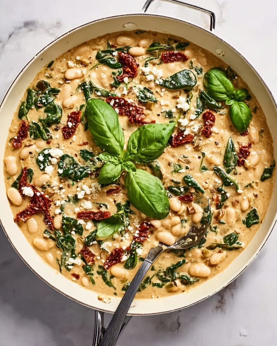 A white pan filled with a creamy, pale beige sauce as the base layer, topped with white beans scattered evenly across the surface. On top of the beans, there are dark green wilted spinach leaves and pieces of dried red tomatoes spread throughout. The dish is finished with small crumbles of white cheese sprinkled over everything. Fresh bright green basil leaves are placed on top as garnish. A metal spoon with a dark handle rests inside the pan, all set against a white marbled surface. photo taken with an iphone --ar 4:5 --v 7