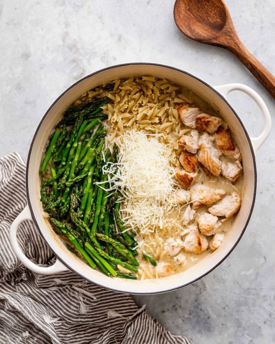 A white pot with two handles holds four distinct layers arranged in sections: bright green asparagus pieces on the left, pale golden browned small chicken pieces near the bottom right, creamy light beige sauce mixed with small pasta bits taking the top and right sides, topped with a small pile of finely shredded white cheese on the top middle. The pot is placed on a white marbled surface with a wooden spoon resting nearby, and a striped gray and beige cloth partially visible at the bottom. photo taken with an iphone --ar 4:5 --v 7