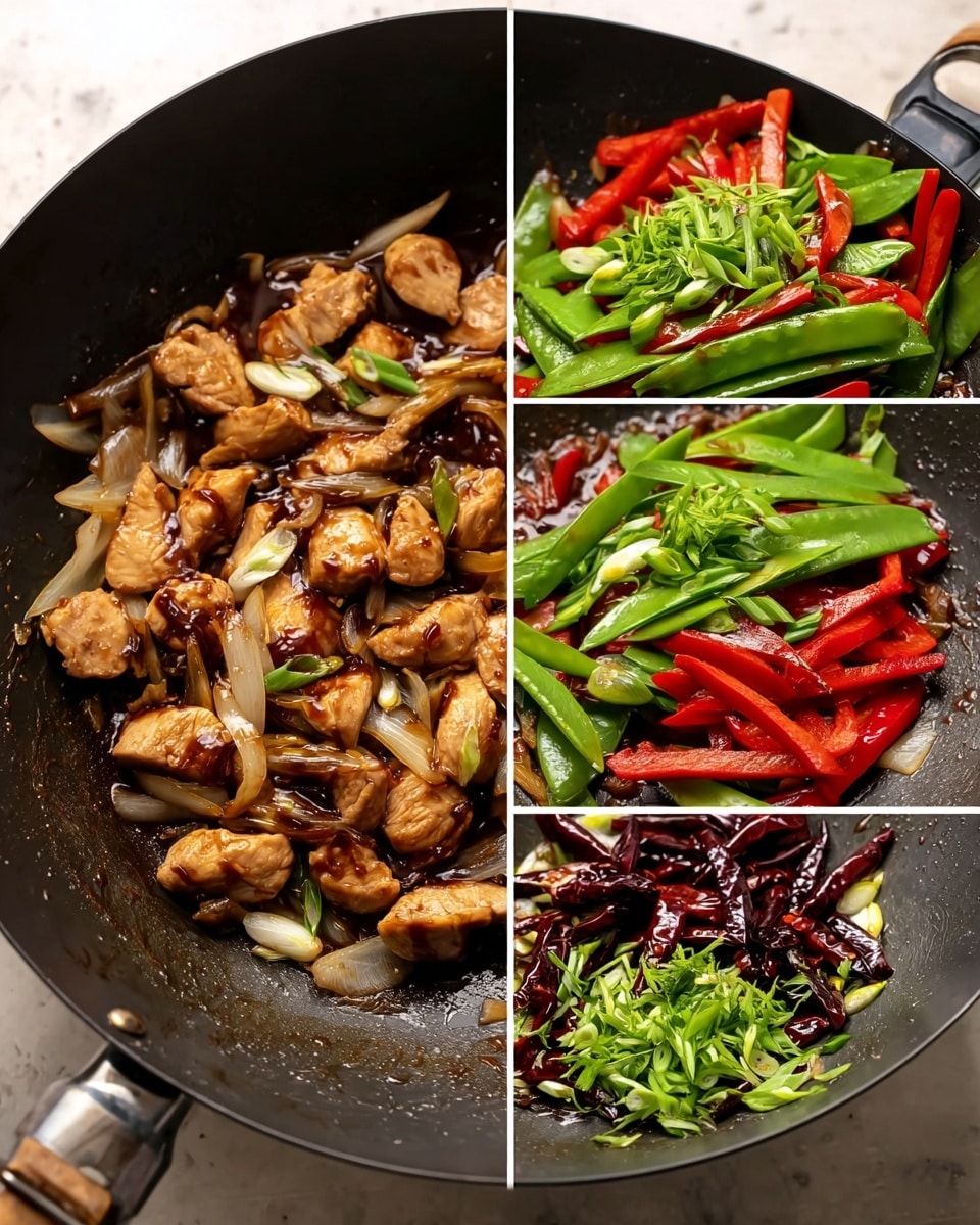 A tall black wok contains several layers of cooking ingredients. The first layer shows medium-sized pieces of cooked brown chicken arranged in the wok. The second layer adds slices of cooked light yellow onion mixed with the chicken. The third layer shows the chicken and onion with a glossy dark brown sauce poured over them, slightly pooling in the middle. The fourth layer adds bright green snow peas and sliced red bell peppers on top of the chicken and onion. The fifth layer adds several dark red dried chili peppers on the vegetables in the wok. The final sixth layer adds chopped fresh green spring onions piled on top of all the other ingredients. Photo taken with an iphone --ar 4:5 --v 7