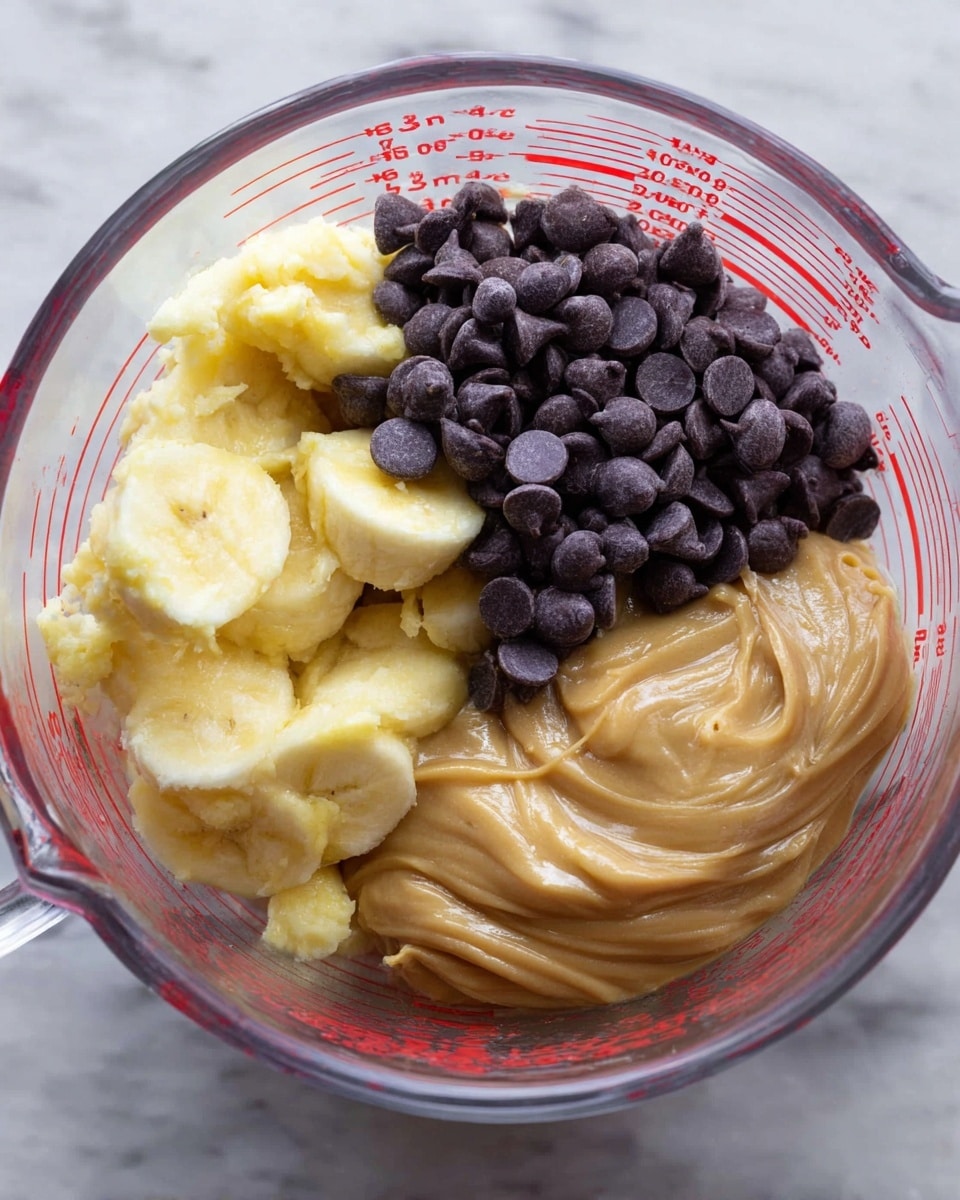 A clear glass measuring cup with red numbers holds three distinct layers of ingredients: a dark purple pile of chocolate chips clustered on one side, a creamy light yellow mashed banana layer in the middle with a soft texture, and a thick light brown batter with smooth swirls on the other side. The image shows a close-up view from above, with the measuring cup set on a white marbled surface. Photo taken with an iphone --ar 4:5 --v 7