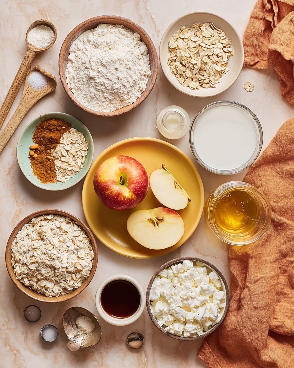 The image shows a top view of ingredients on a white marbled surface arranged neatly. In the center is a yellow plate holding a whole red and yellow apple and two apple halves with visible seeds. Around it are small bowls with different ingredients: one with white flour, one with rolled oats and a wooden spoon, another with sliced almonds, a smaller bowl with cinnamon powder, and one with a white powder that looks like baking soda. There is also a round glass container filled with a white liquid, a small cup with a dark brown syrup, a bowl of cottage cheese, a jar with a clear golden liquid, and a small bottle of vanilla extract. A set of metal measuring spoons and a light orange cloth are near the edges. Photo taken with an iphone --ar 4:5 --v 7