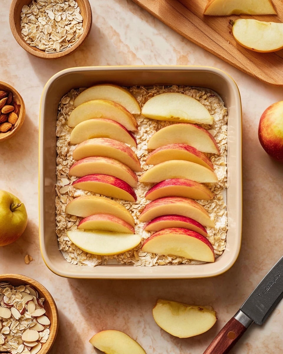 The image shows a square baking dish filled with a base layer of creamy oatmeal mixed with small oats, with thinly sliced apple pieces arranged neatly on top in three rows. The apple slices have red and yellow skin, positioned to show their curved edges, covering the oatmeal evenly but not overlapping. Around the baking dish, there are small wooden bowls with oats and sliced almonds, and a knife with more apple slices on a white marbled surface. A woman's hand is not visible but the apple placement suggests preparation. The colors feature soft browns, creamy white oatmeal, and warm reds and yellows from the apples, all set on a warm-toned table with a white marbled background photo taken with an iphone --ar 4:5 --v 7