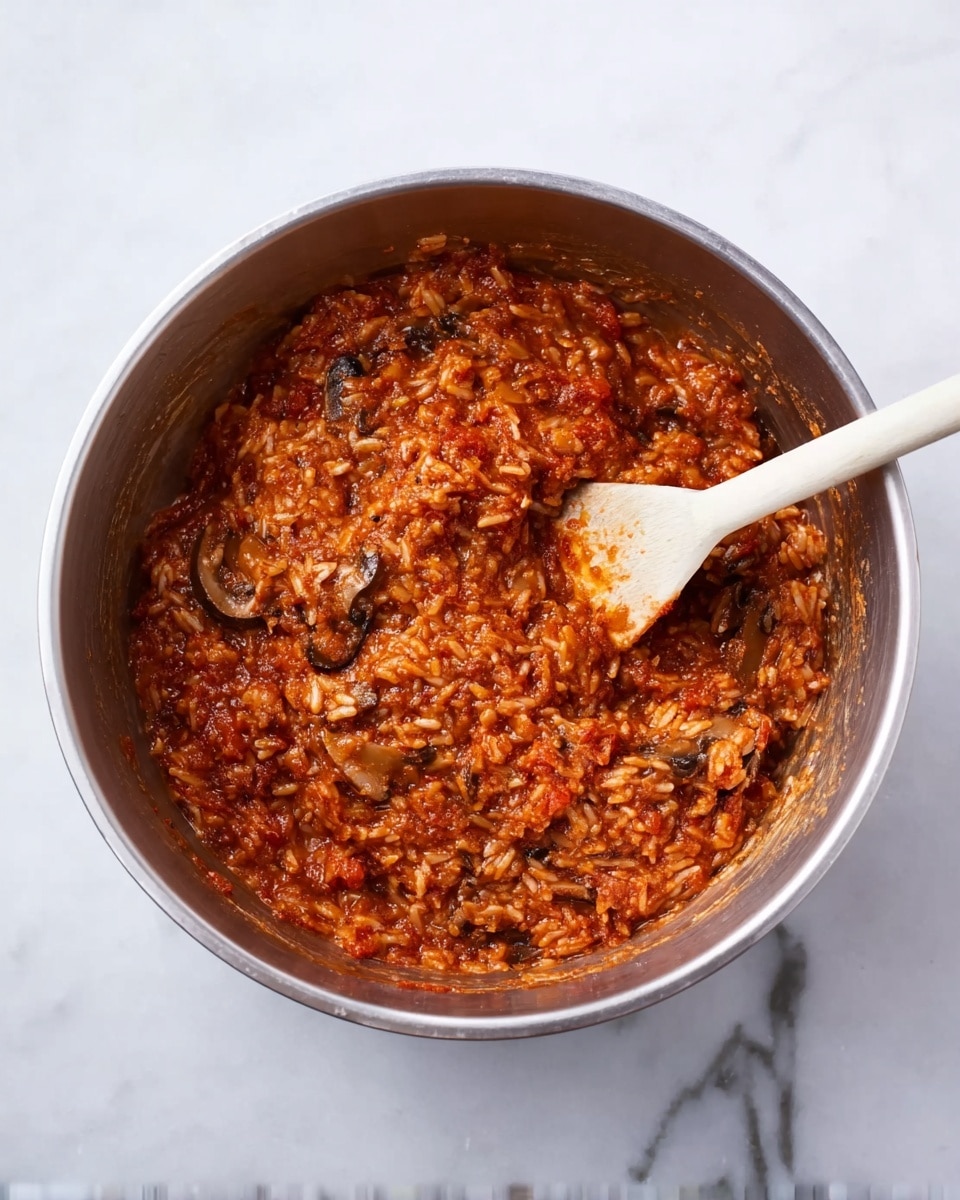 A round silver mixing bowl sits on a white marbled surface filled with a thick, reddish-brown mixture containing visible bits of cooked rice, tomato sauce, and sliced mushrooms. The texture is chunky and somewhat moist with small pieces of food evenly spread throughout. A white wooden spoon with a long handle is stuck into the mixture, resting inside the bowl at an angle. photo taken with an iphone --ar 4:5 --v 7