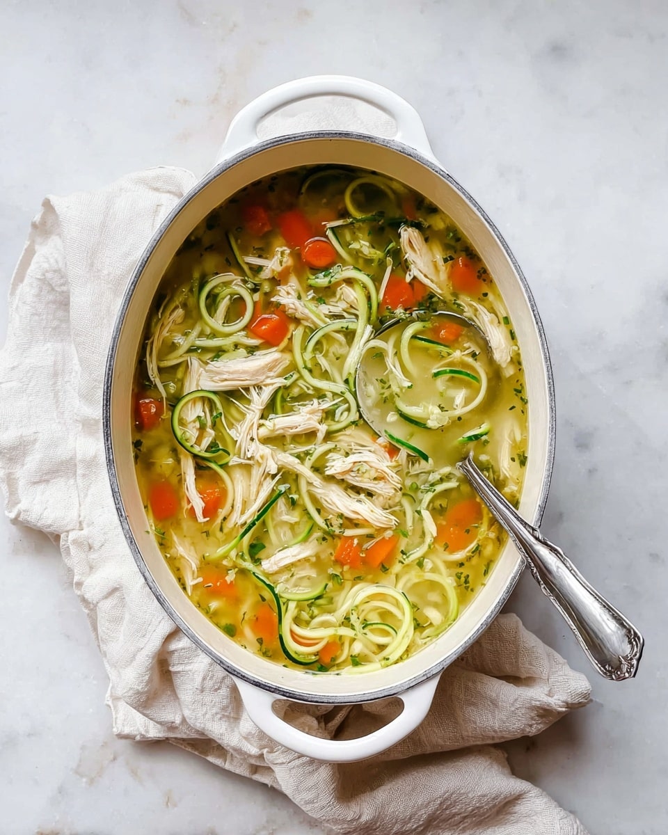 A white oval pot filled with clear broth, containing light green spiral-shaped zucchini noodles layered throughout, with small round orange carrot slices and light beige shredded chicken pieces scattered evenly on top and within the broth; a silver spoon rests inside the pot on the right side, all placed on a white marbled surface with a crumpled off-white cloth underneath the pot. photo taken with an iphone --ar 4:5 --v 7