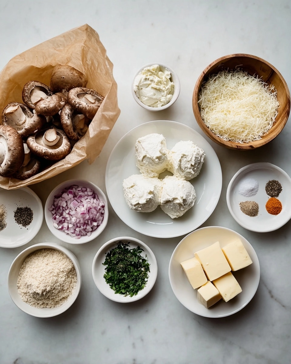 A collection of fresh cooking ingredients is arranged neatly on a white marbled surface. On the far left, there is a small stack of brown mushrooms partially inside a brown paper bag, showing their textured caps facing upwards. Next to the mushrooms, a small white bowl holds finely grated white cheese. In the center, a white plate contains five large dollops of soft, white cream cheese with a smooth and creamy texture. Below it is a small white bowl filled with finely chopped red onions. To the right of the cream cheese, a wooden bowl contains minced garlic, and beside it is a small white bowl filled with dark green chopped herbs. Next to that is a small white plate with assorted spices arranged in small piles, including black pepper, white salt, and a reddish-orange spice. On the far right, a white plate holds several cubes of pale yellow butter, and below it sits a white bowl filled with coarse pale breadcrumbs, completing the ingredients spread out evenly across the surface. photo taken with an iphone --ar 4:5 --v 7
