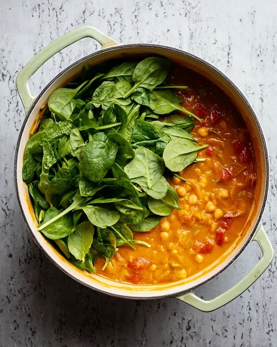 A white round pot filled with thick orange stew, visible chunks of white chickpeas and small pieces of red tomato mixed inside the stew. A large pile of fresh green spinach leaves sits on top, mostly on the left side of the pot. The pot is set on a white marbled surface. Photo taken with an iphone --ar 4:5 --v 7