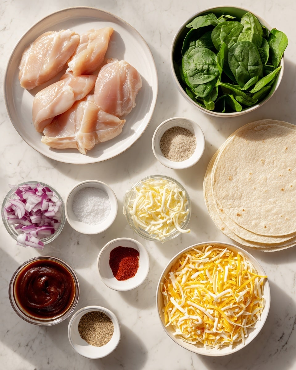 The image shows several small white bowls arranged on a white marbled surface. In the center is a white plate holding three pieces of raw light pink chicken. To the right, there is a white bowl filled with two types of shredded cheese, yellow and white. Below the chicken plate, a white bowl contains fresh green spinach leaves, and to the left of that, another white bowl holds chopped red onion. Above the chicken, a small white bowl contains thick dark brown BBQ sauce. Surrounding these main dishes are four smaller white bowls with seasonings: one with white salt, one with red paprika, one with black pepper, and one with pale yellow garlic powder. Next to the ingredients are two stacked light beige tortillas. The lighting is natural and bright, showing clear details of every item, photo taken with an iphone --ar 4:5 --v 7