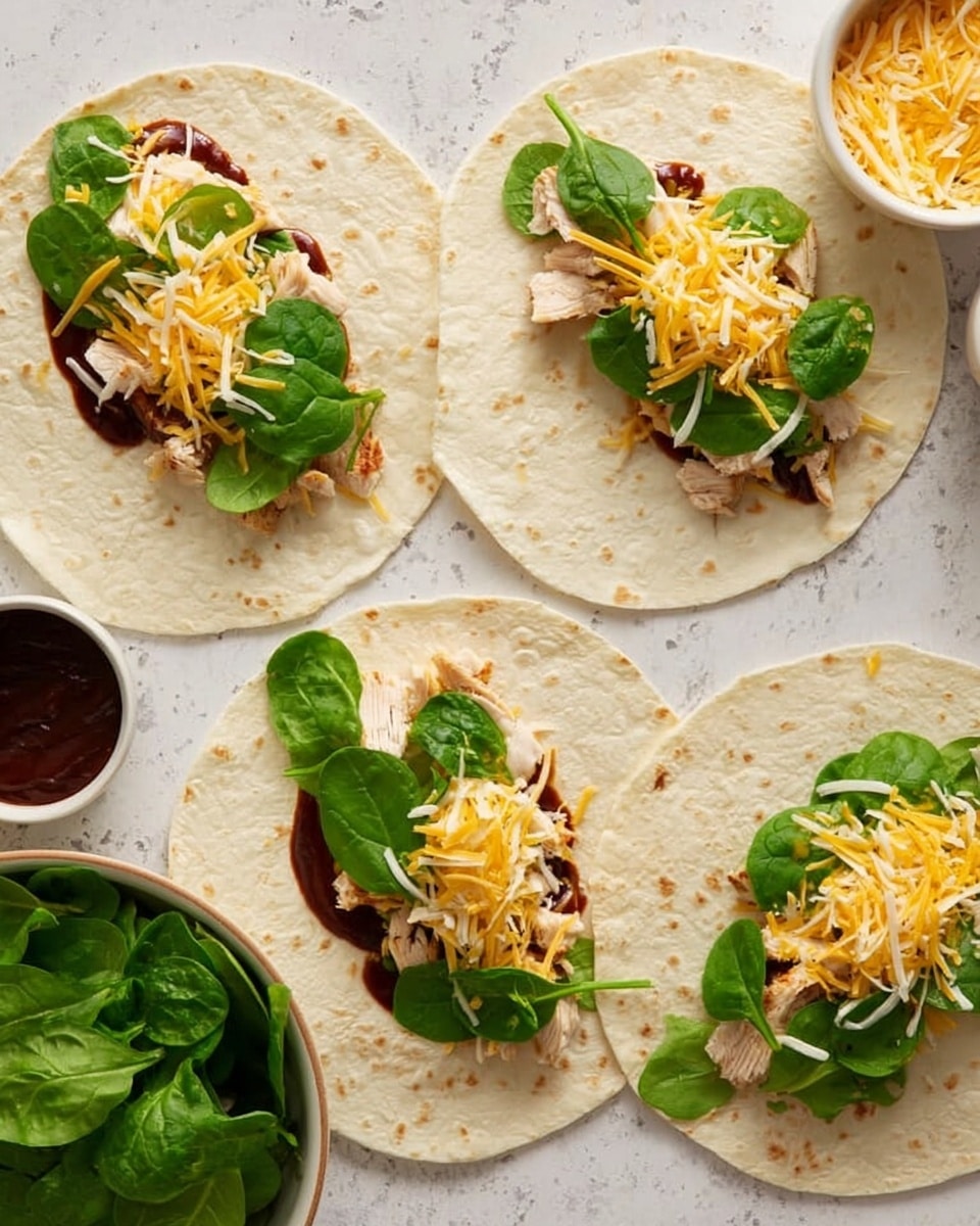 The image shows four white flour tortillas spread on a white marbled surface, each topped with layers for a wrap. The first layer is a dark reddish-brown sauce spread unevenly near one edge, followed by small pieces of light beige grilled chicken. Next, there is a sprinkling of shredded yellow cheddar cheese and pale white cheese mixed together. The final layer on each tortilla is fresh, bright green spinach leaves placed on top. On the top right, there is a small white bowl with shredded cheese and a small white bowl with extra dark sauce. On the bottom left, a white bowl filled with more fresh spinach leaves is partially visible. The overall look is fresh and colorful with contrasting layers. photo taken with an iphone --ar 4:5 --v 7