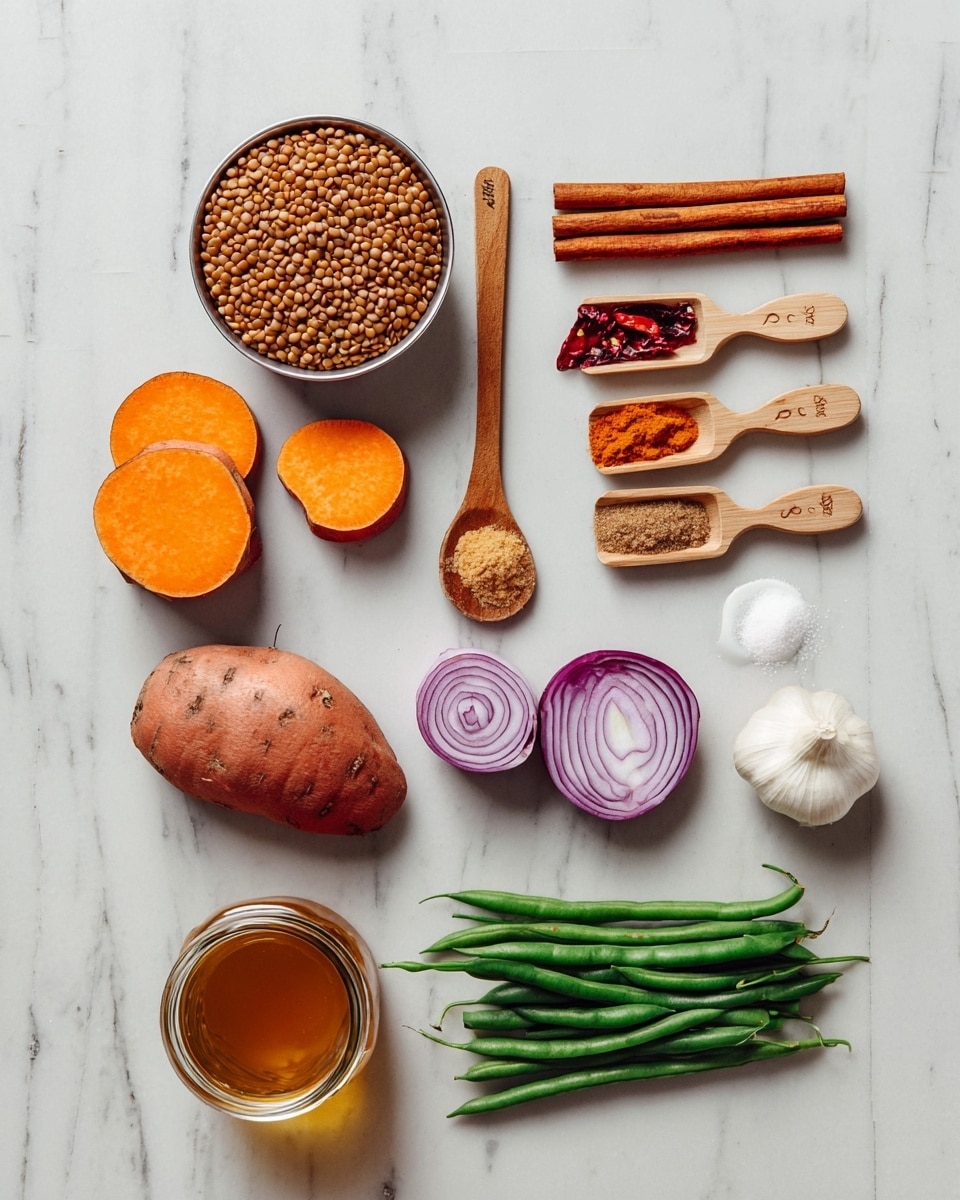 The image shows an organized flat lay of cooking ingredients on a white marbled surface. On the left, there is a small metal bowl filled with dry lentils and a wooden spoon holding brown sugar below it. Next to the lentils, there are two sliced pieces and one whole piece of bright orange sweet potato. Above, three cinnamon sticks lie beside dried red chili pieces and a small wooden spoon with white salt. To the right, three wooden measuring spoons hold different spices: bright orange powder, light brown powder, and darker brown powder. Below them, there are thin slices of purple onion, a whole white garlic bulb with a separated clove, and fresh green beans stacked neatly. A glass jar filled with golden-brown liquid sits near the bottom center, completing the arrangement photo taken with an iphone --ar 4:5 --v 7